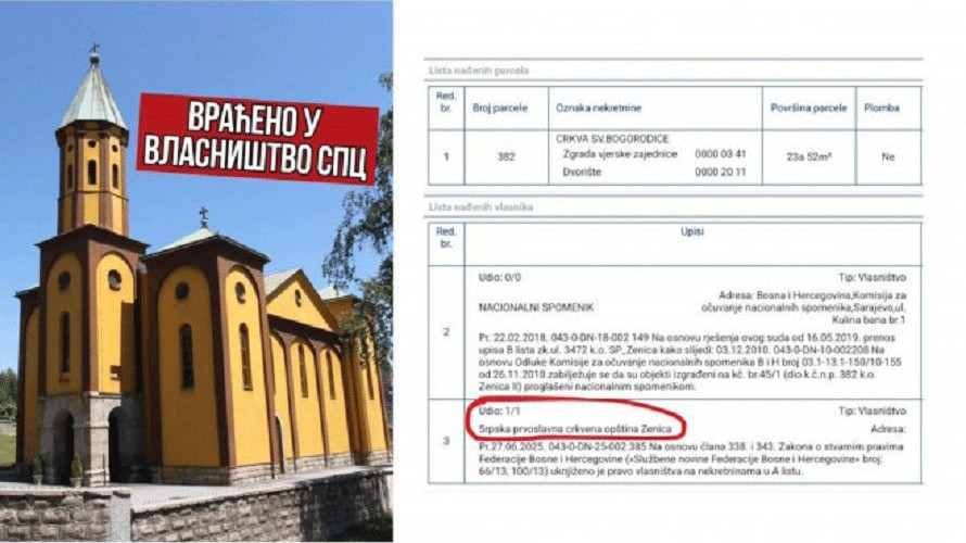 Crkva u Zenici vraćena u vlasništvo Srpske pravoslavne crkve